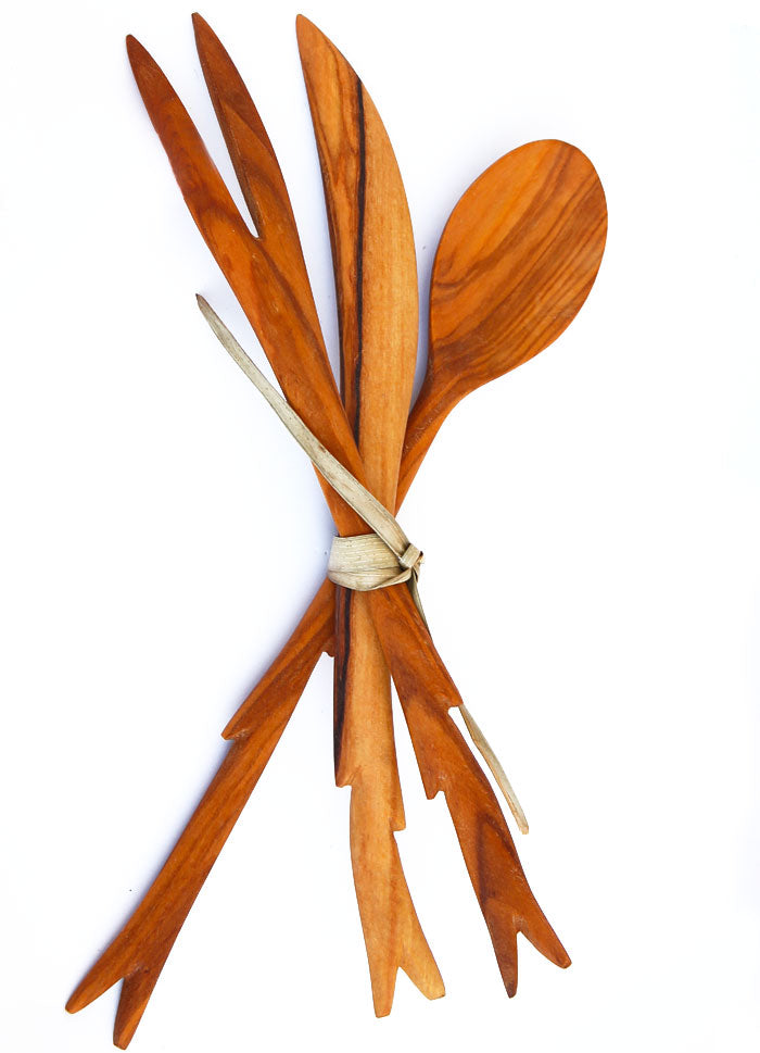 MAROC - TRIO DE COUVERTS EN BOIS D'OLIVIER FAÇON BRANCHE DE ROSIER