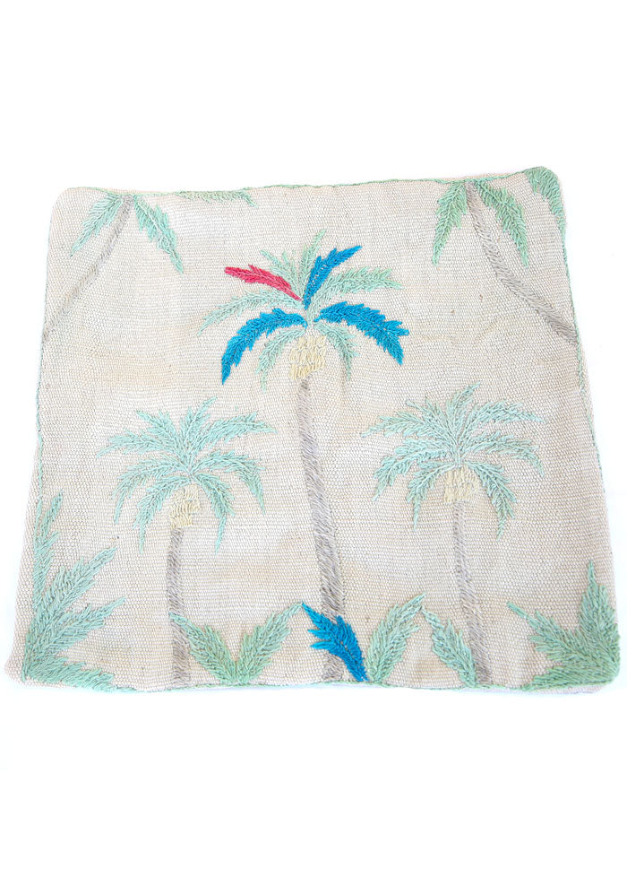 PAKISTAN - COUSSIN EN LAINE AUX BRODERIES DE PALMIERS EXOTIQUES