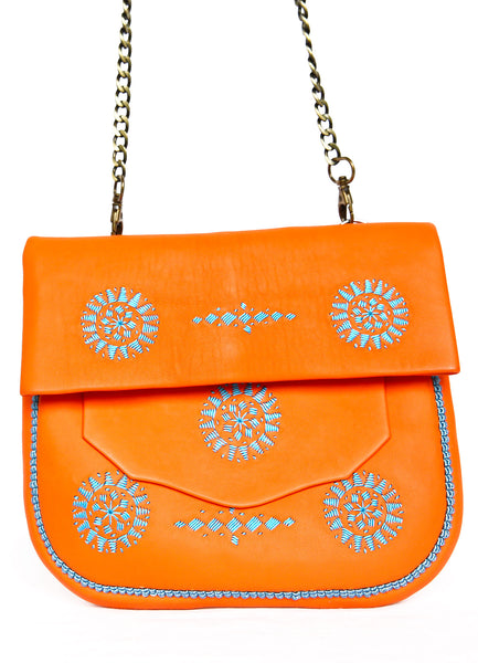 SAC BERBÈRE 100% FAIT MAIN EN CUIR ORANGE BRODERIES TURQUOISE