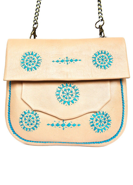 MAROC - SAC EN CUIR NATUREL & BRODERIES BLEU TURQUOISE