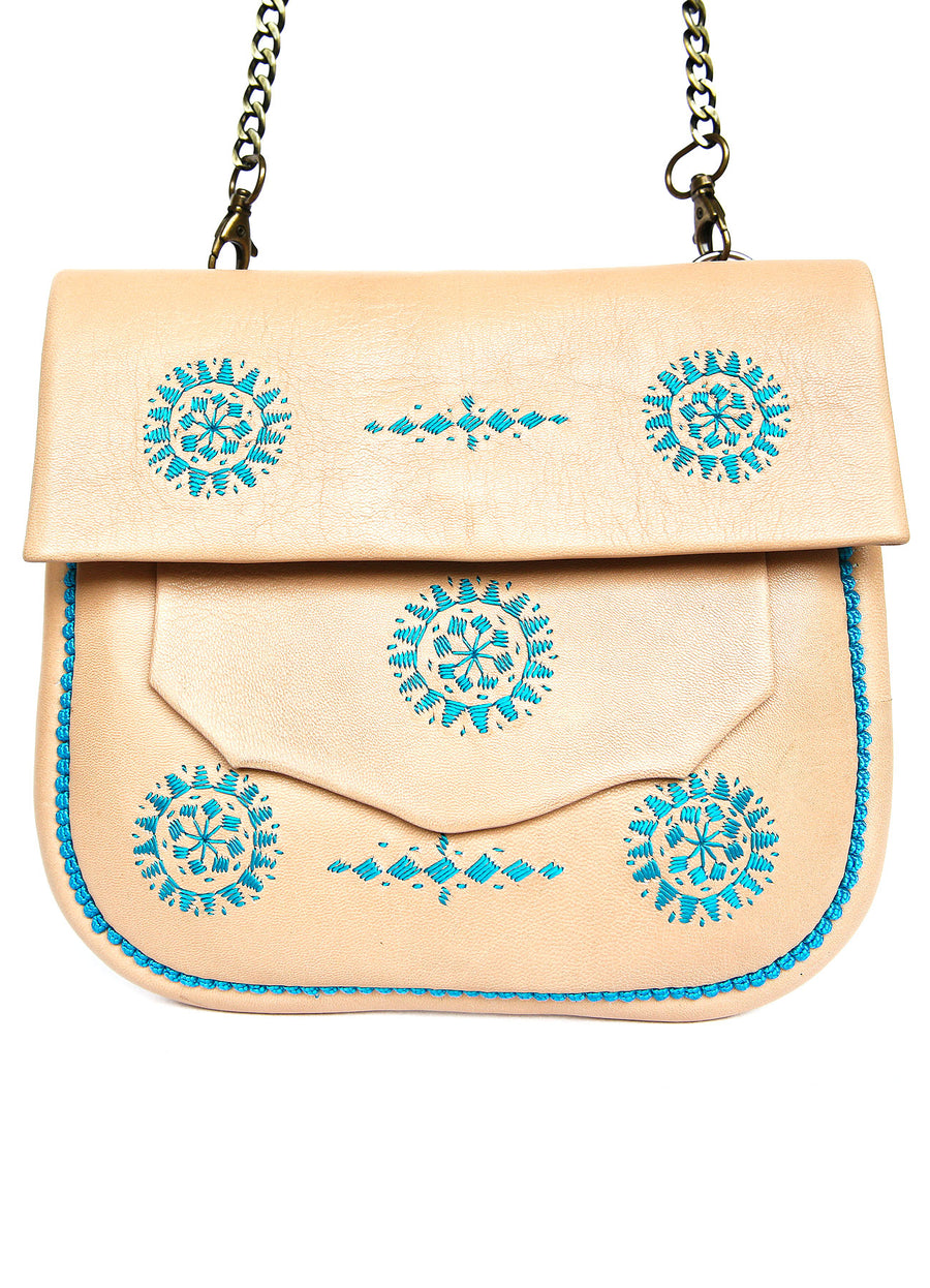 MAROC - SAC EN CUIR NATUREL & BRODERIES BLEU TURQUOISE