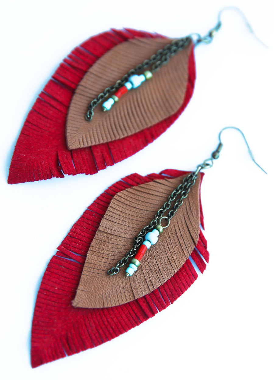 USA - BOUCLES D'OREILLES PLUMES DE CUIR ET PERLES