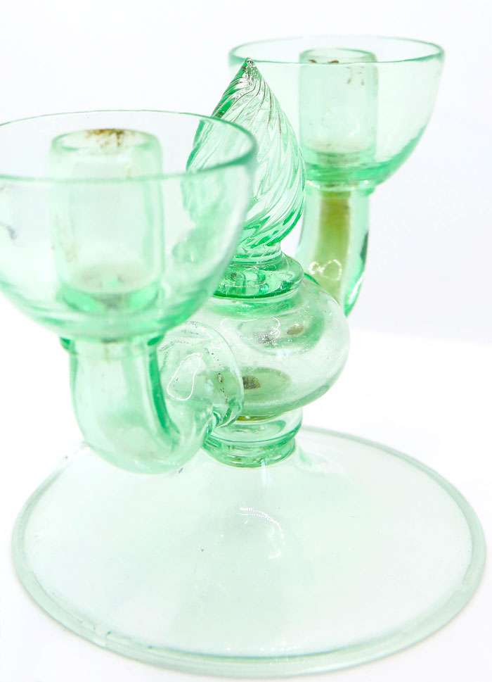 FRANCE - BOUGEOIR DOUBLE EN VERRE SOUFFLÉ VERT MENTHE ÉPOQUE ART DÉCO