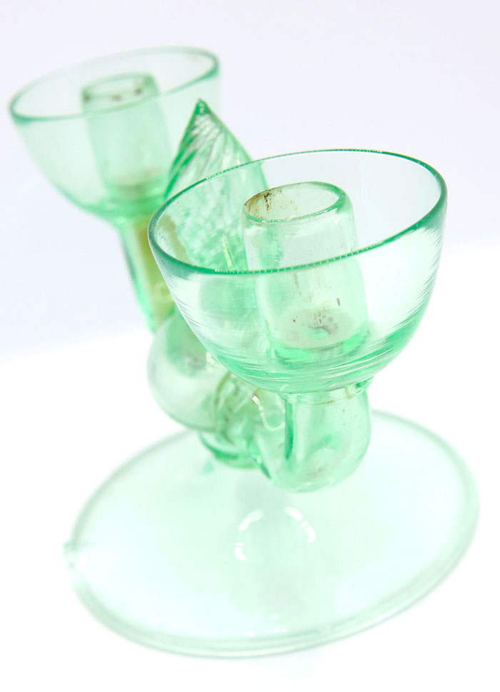 FRANCE - BOUGEOIR DOUBLE EN VERRE SOUFFLÉ VERT MENTHE ÉPOQUE ART DÉCO