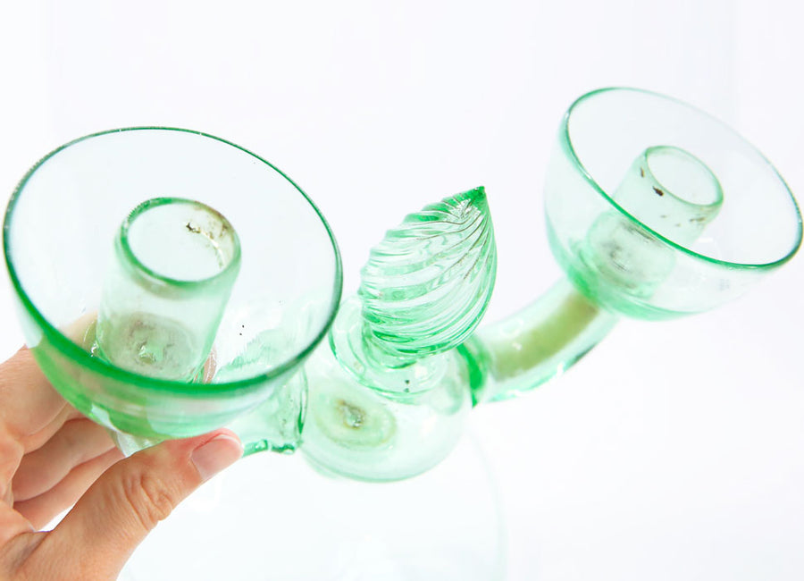 FRANCE - BOUGEOIR DOUBLE EN VERRE SOUFFLÉ VERT MENTHE ÉPOQUE ART DÉCO