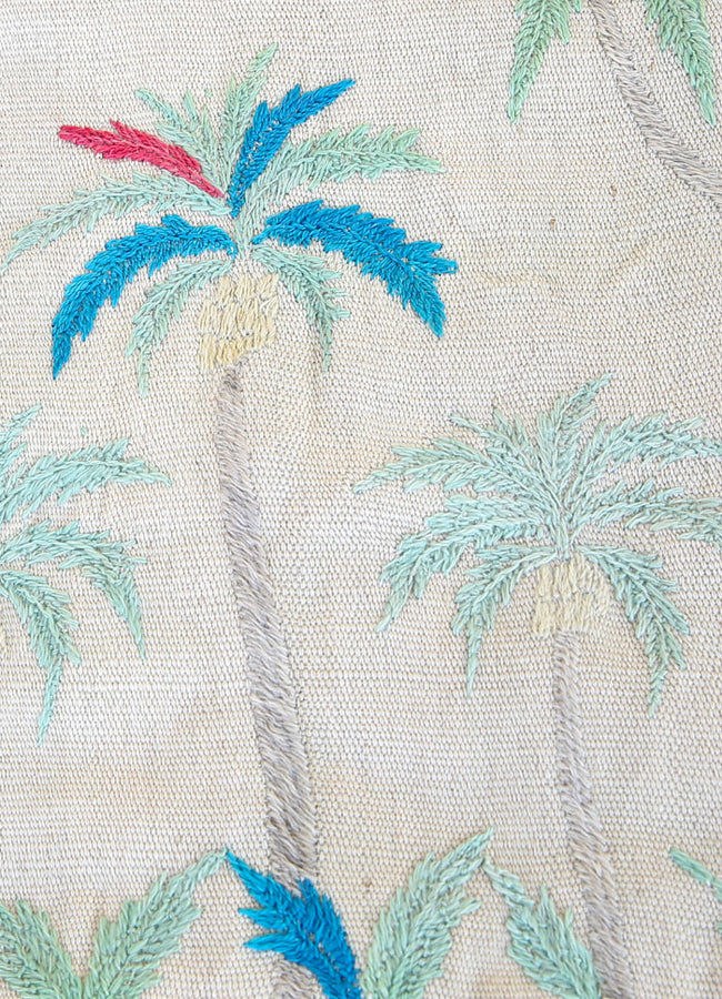 PAKISTAN - COUSSIN EN LAINE AUX BRODERIES DE PALMIERS EXOTIQUES