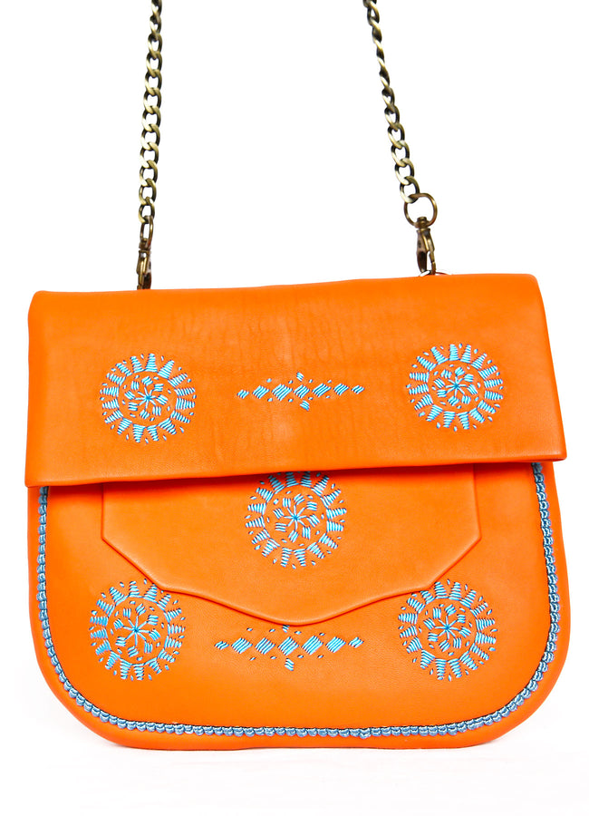 MAROC - SAC EN CUIR ORANGE & BRODERIES BLEU TURQUOISE